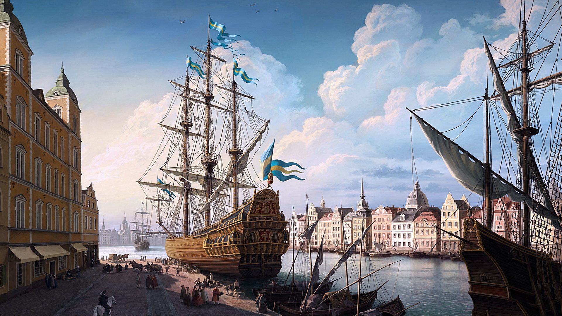 Картина, Швеция, город, порт, корабли, улица, люди, пейзаж.
