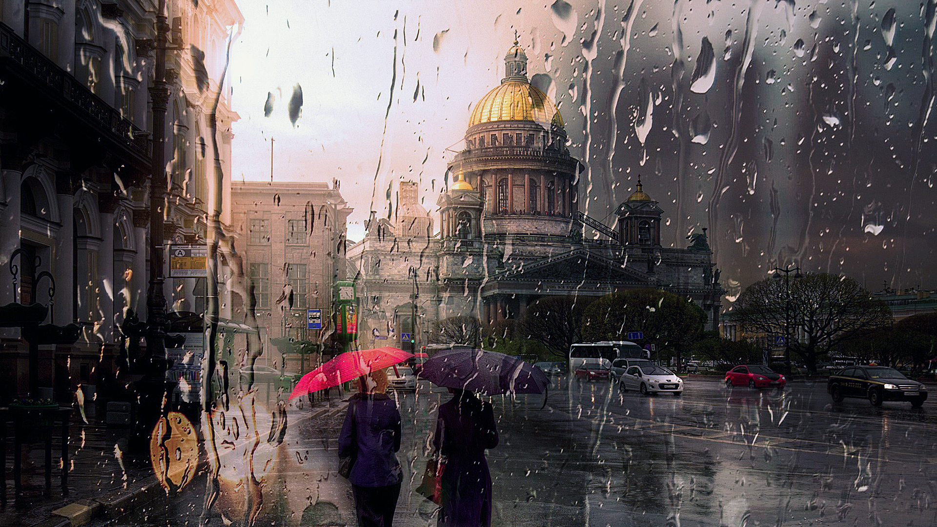Санкт Петербург, дождь, люди, капли, Исаакиевский собор.