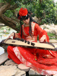 Природа, девущка, азиатка, инструмент, музыка.