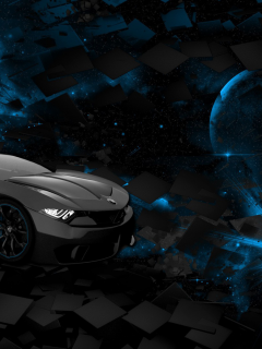 car, space, square, black, rendering, blue, planet, background