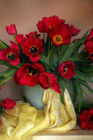 композиция, букет, тюльпаны, стол, ваза, покрывало