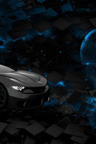 car, space, square, black, rendering, blue, planet, background