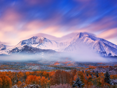 осень, лес, утро, небо, горы, снег