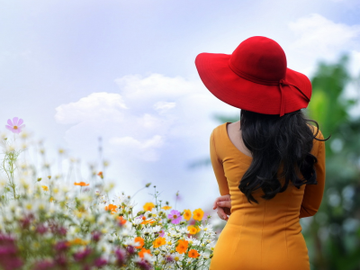девушка, шляпа, платье, цветы