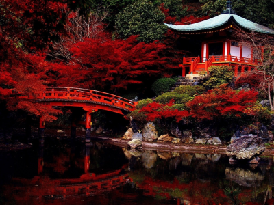 природа, мост, озеро, япония