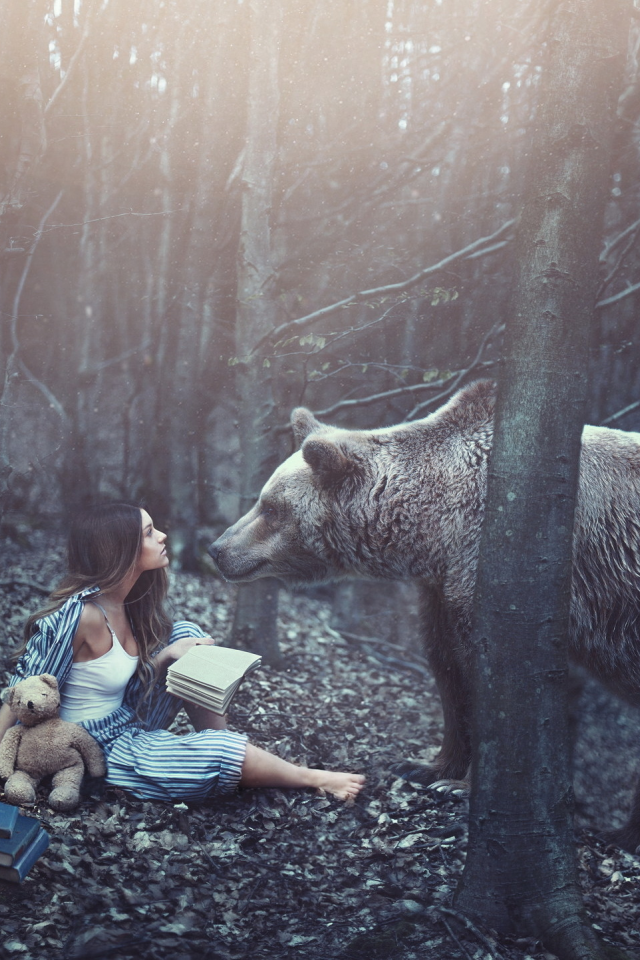 медведь, книги, мишка, девушка, лес