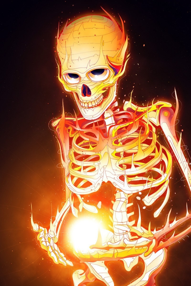 минимализм, череп, пламя, огонь, скелет