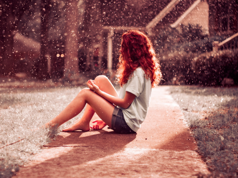 hair, red, girl, rainfall