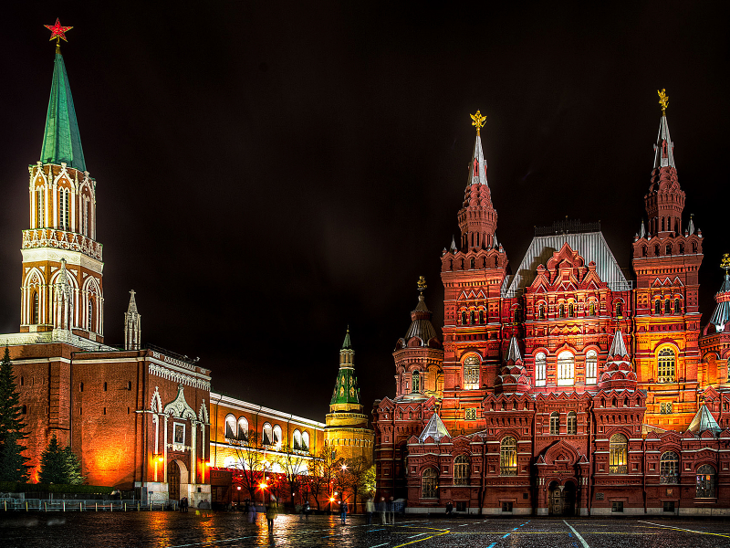 Москва, ночь, огни, государственный исторический музей.