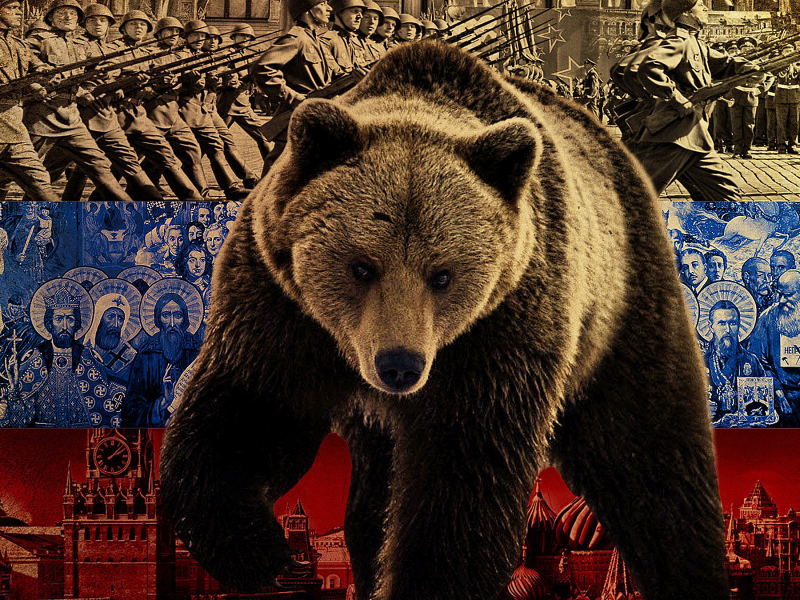 Коллаж, флаг, Россия, медведь.