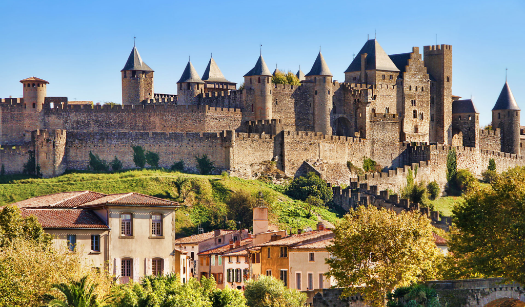Каркасон, Лангедок-Руссильон, Франция, крепость, замок, небо, дома, мост, Carcassonne, France, castle