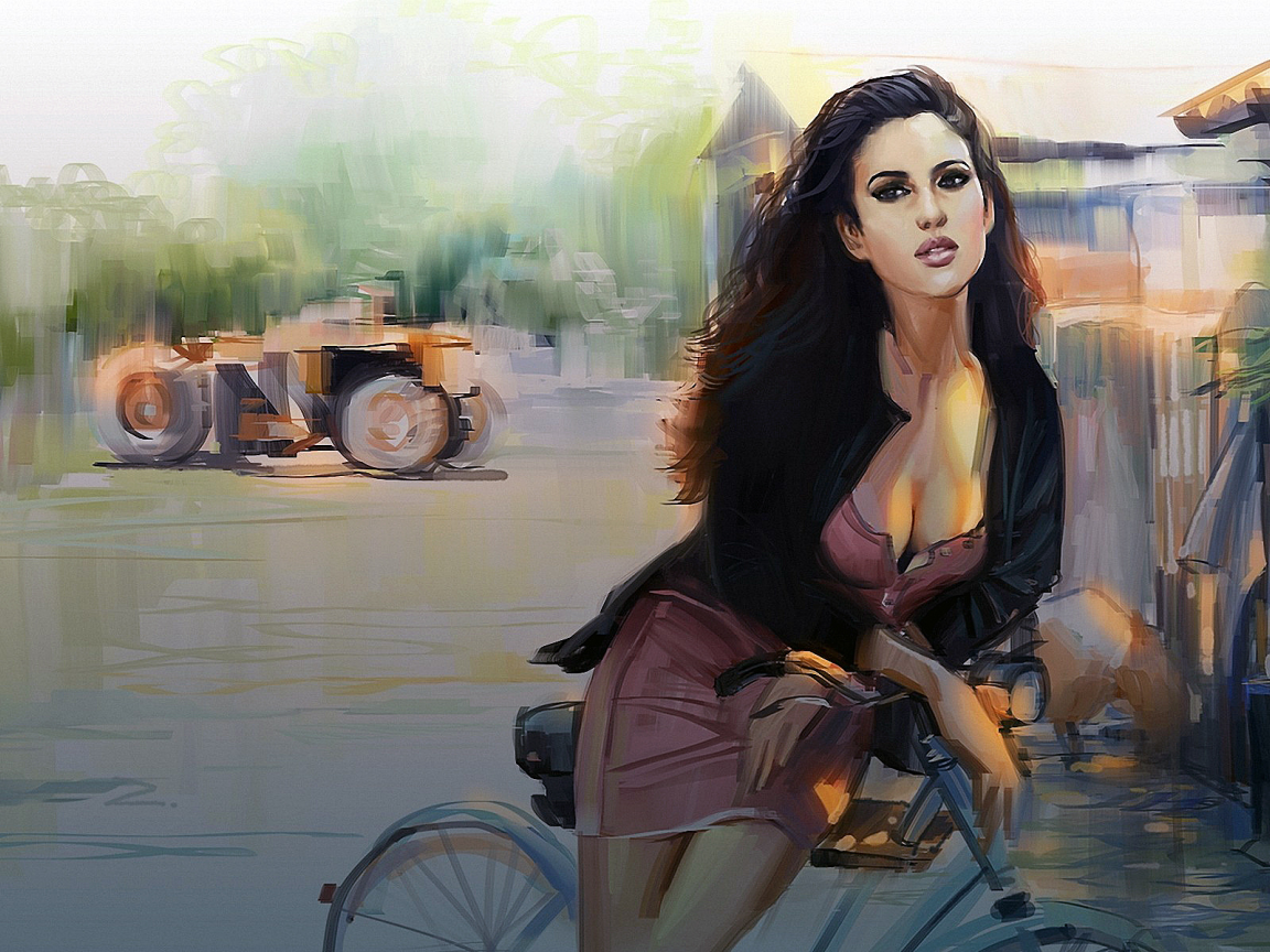 Девушка, взгляд, велосипед, дорога, постройки, каток, рисунок.