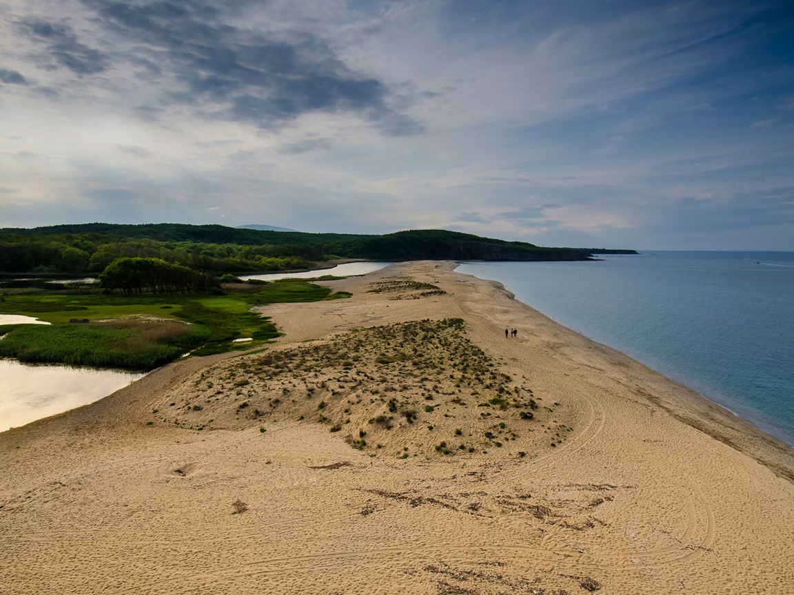 Синеморец, Бургасская область, Болгария, Чёрное море, небо, облака, море, берег, песок, река, природа, пейзаж, деревья, лес