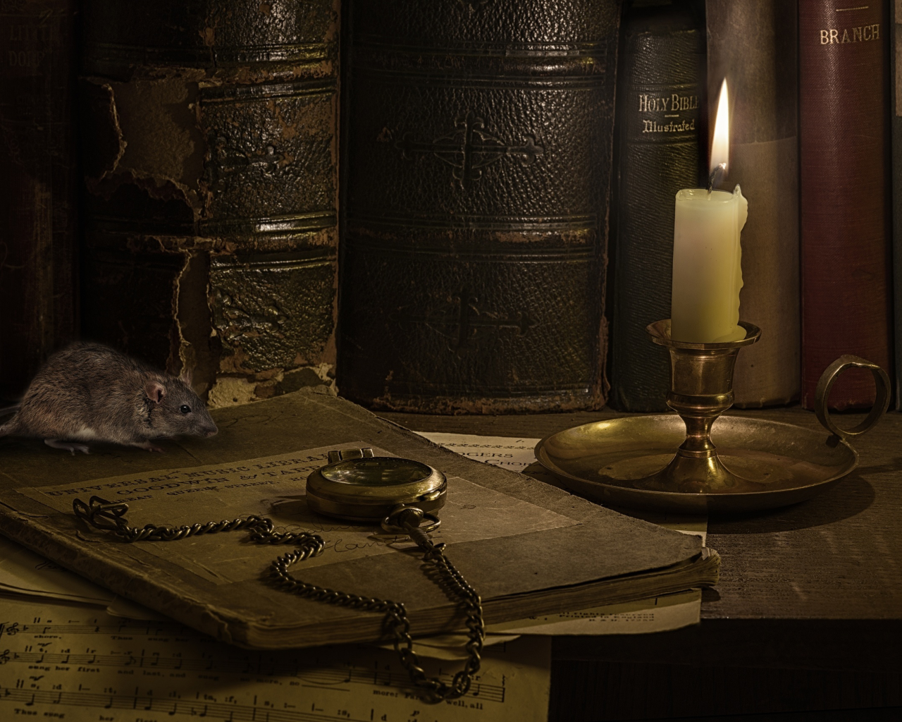 свеча, книги, часы, мышка, ноты