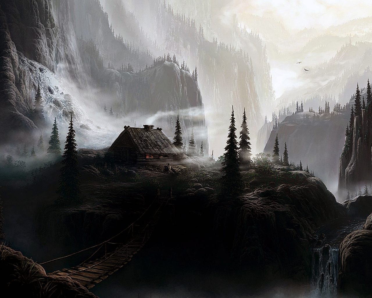 Горы, лес, пропасть, водопад, мост, домик, туман, рисунок.