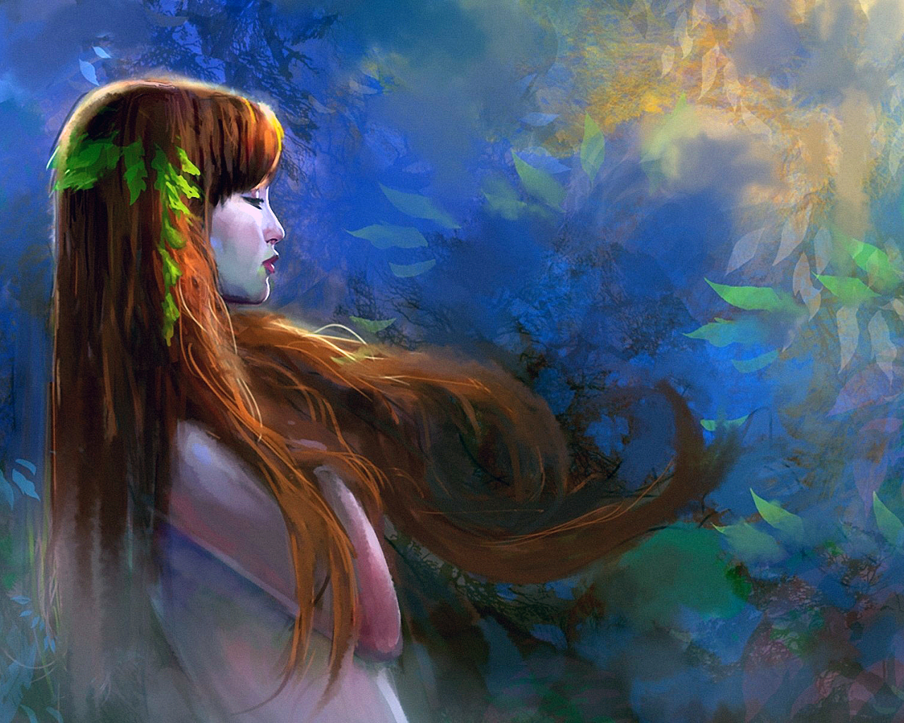 Девушка, рыжая, волосы, ветер, листья, рисунок.