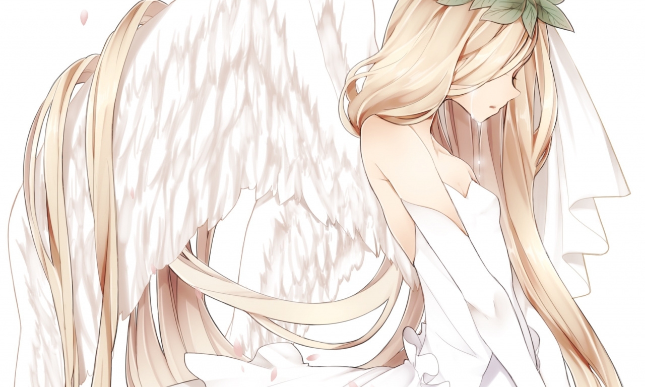 арт, крылья, девушка, naruto maki, листья, венок, ангел, слезы