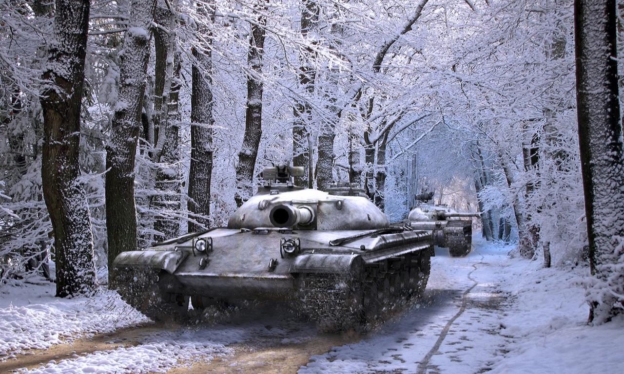 Зима, снег, дорога, танки, игра