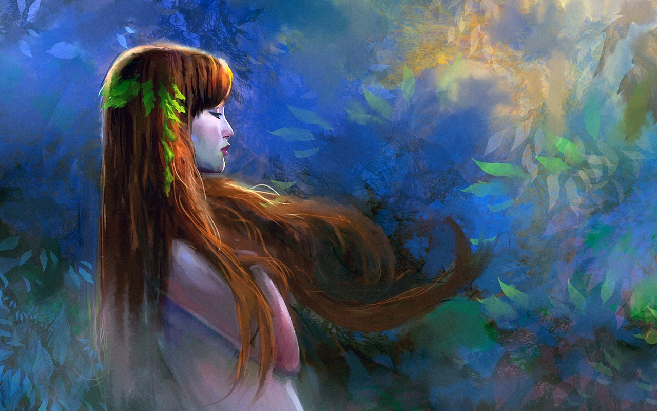 Девушка, рыжая, волосы, ветер, листья, рисунок.