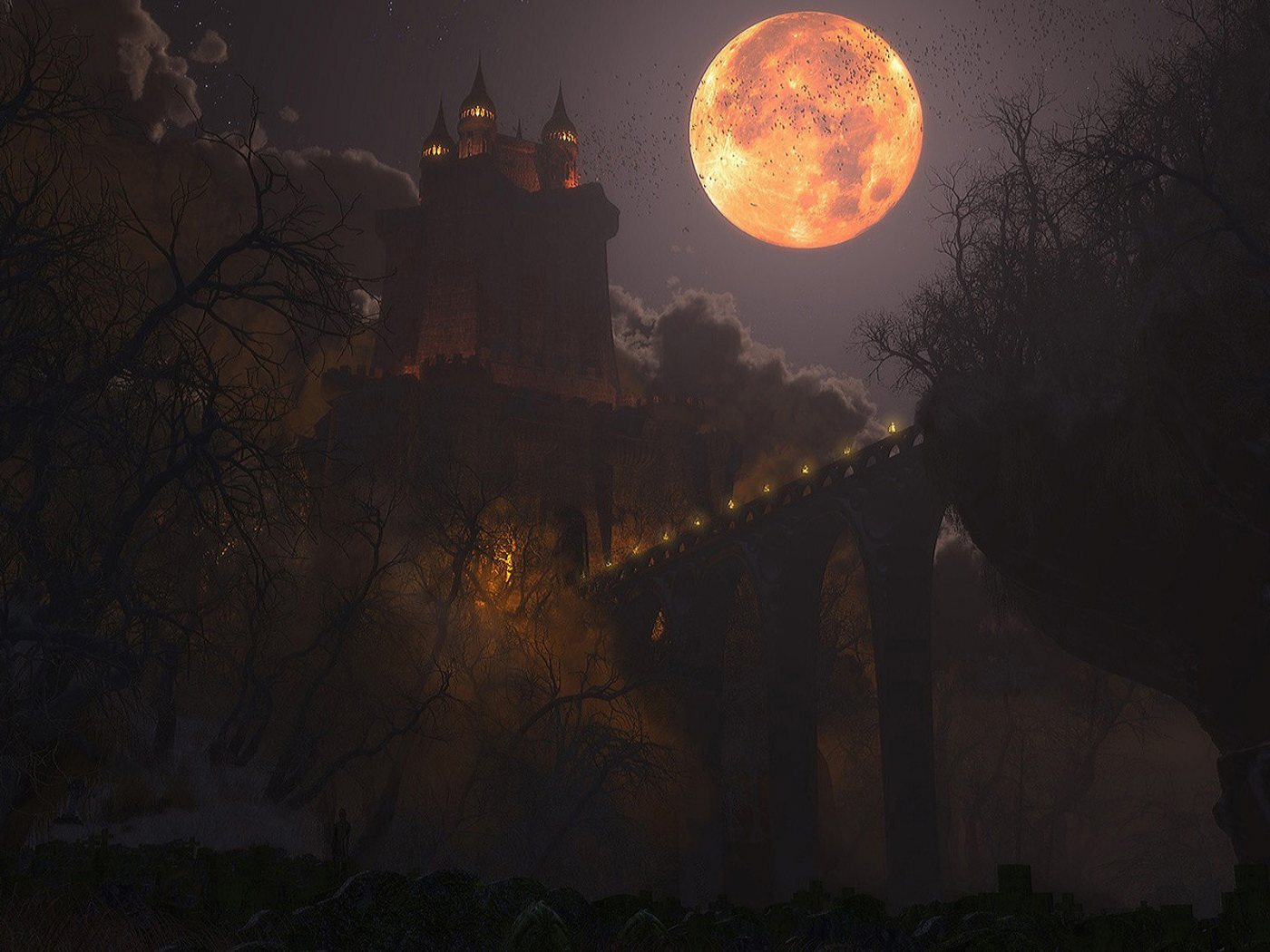 Ночь, Луна, сумрак, замок, дорога, рисунок.