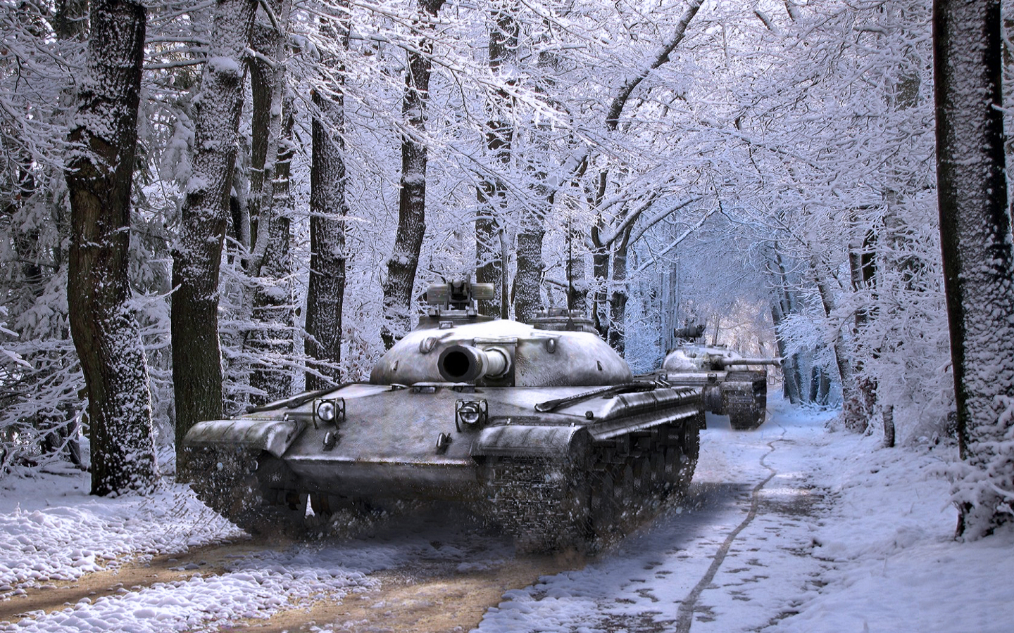 Зима, снег, дорога, танки, игра