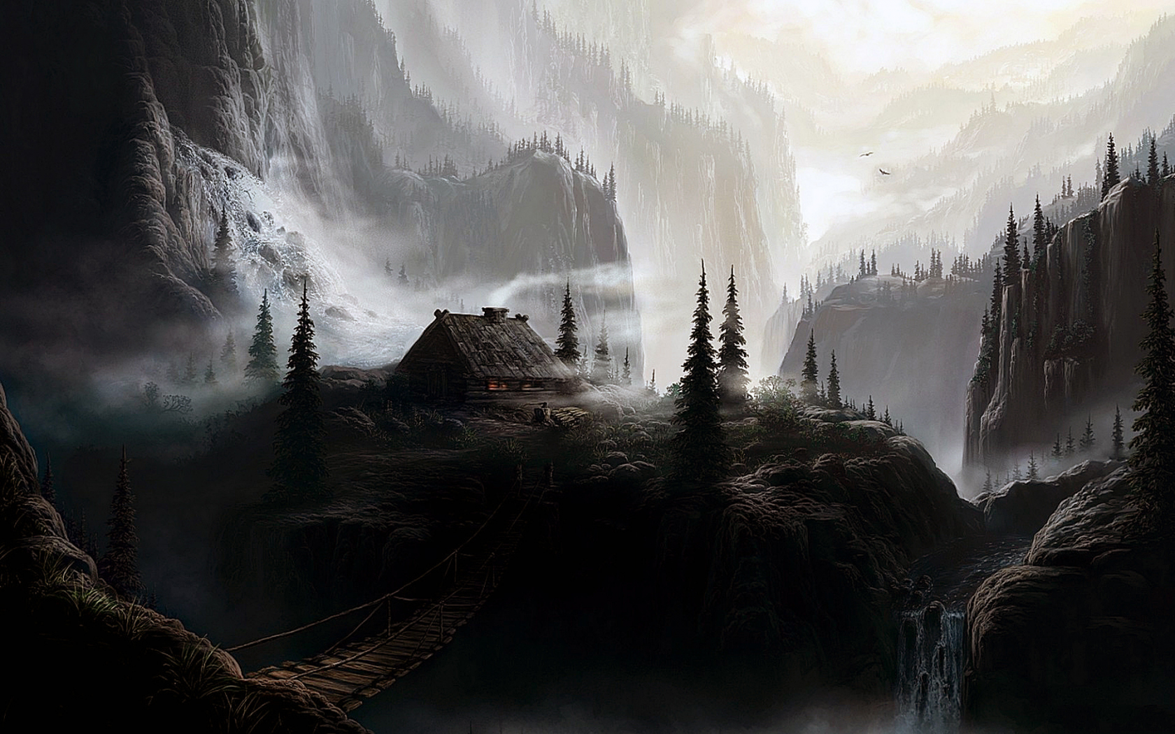 Горы, лес, пропасть, водопад, мост, домик, туман, рисунок.