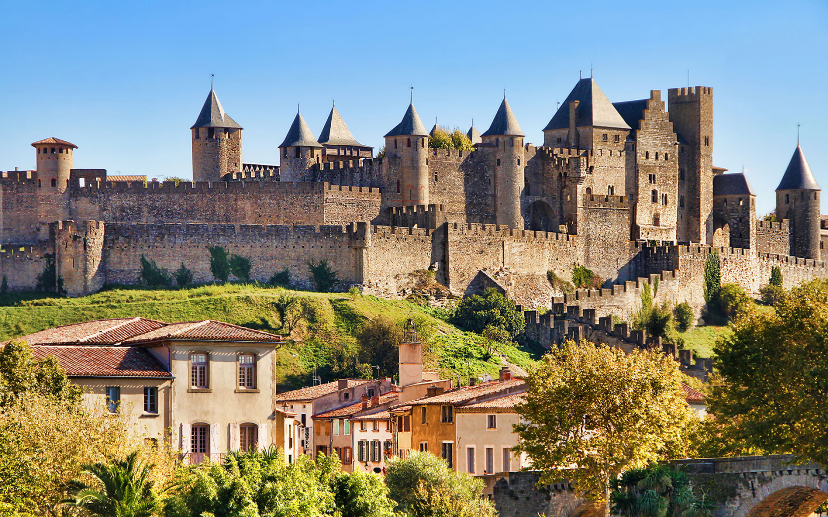 Каркасон, Лангедок-Руссильон, Франция, крепость, замок, небо, дома, мост, Carcassonne, France, castle