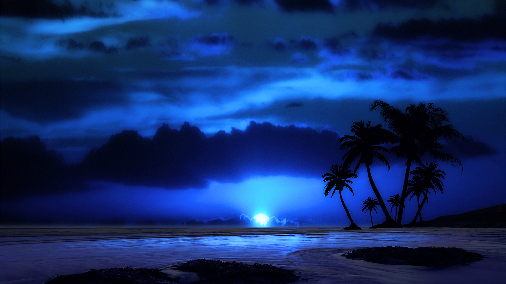 небо, пальма, ночь, тропики, море, пейзаж, вечер, облака