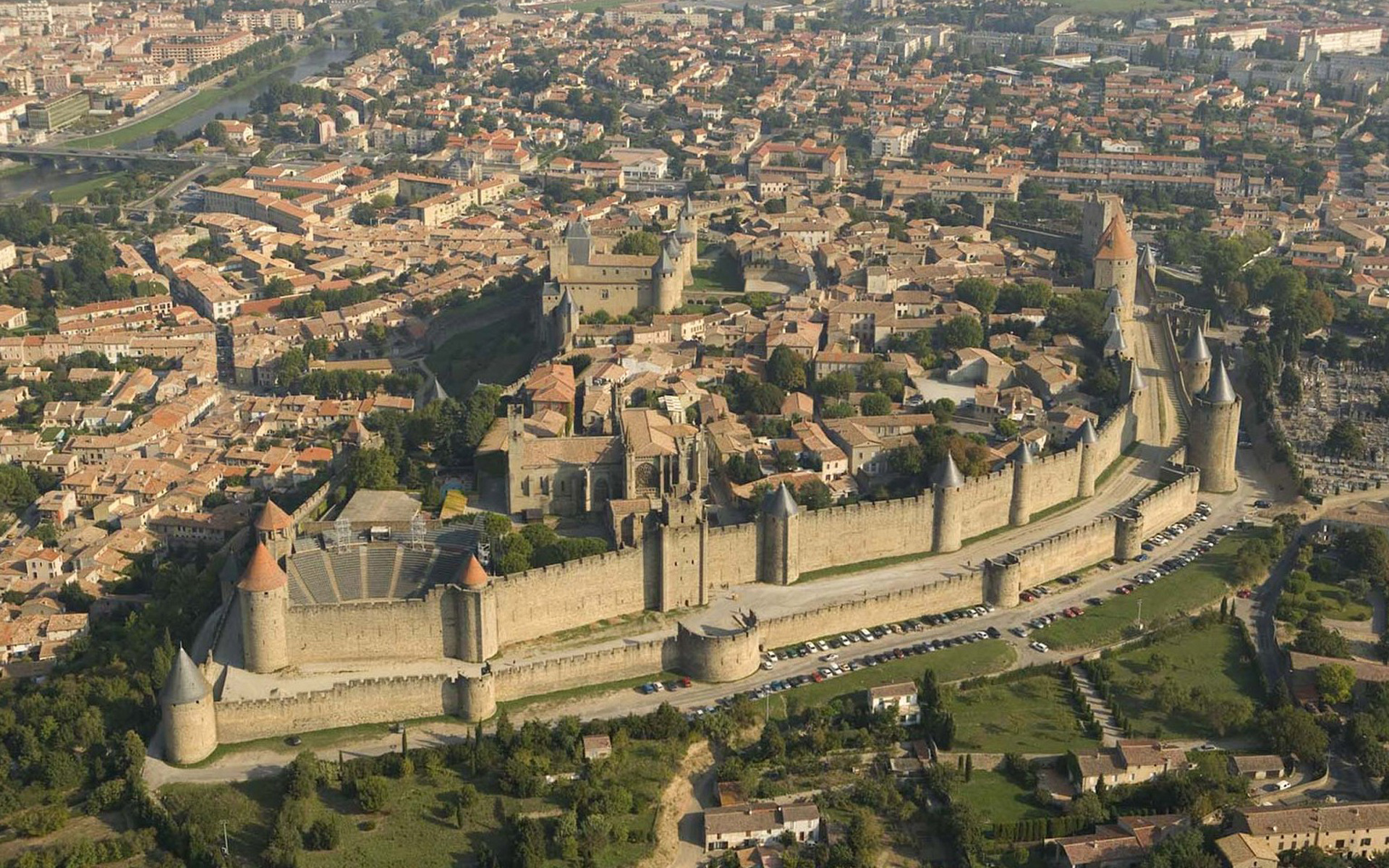 Каркасон, Лангедок-Руссильон, Франция, город, крепость, замок, дома, река, мост, Carcassonne, France, castle