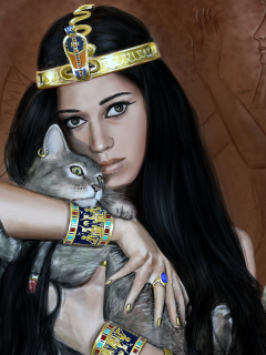 Египет, девушка, брюнетка, взгляд, кошка, рисунок.