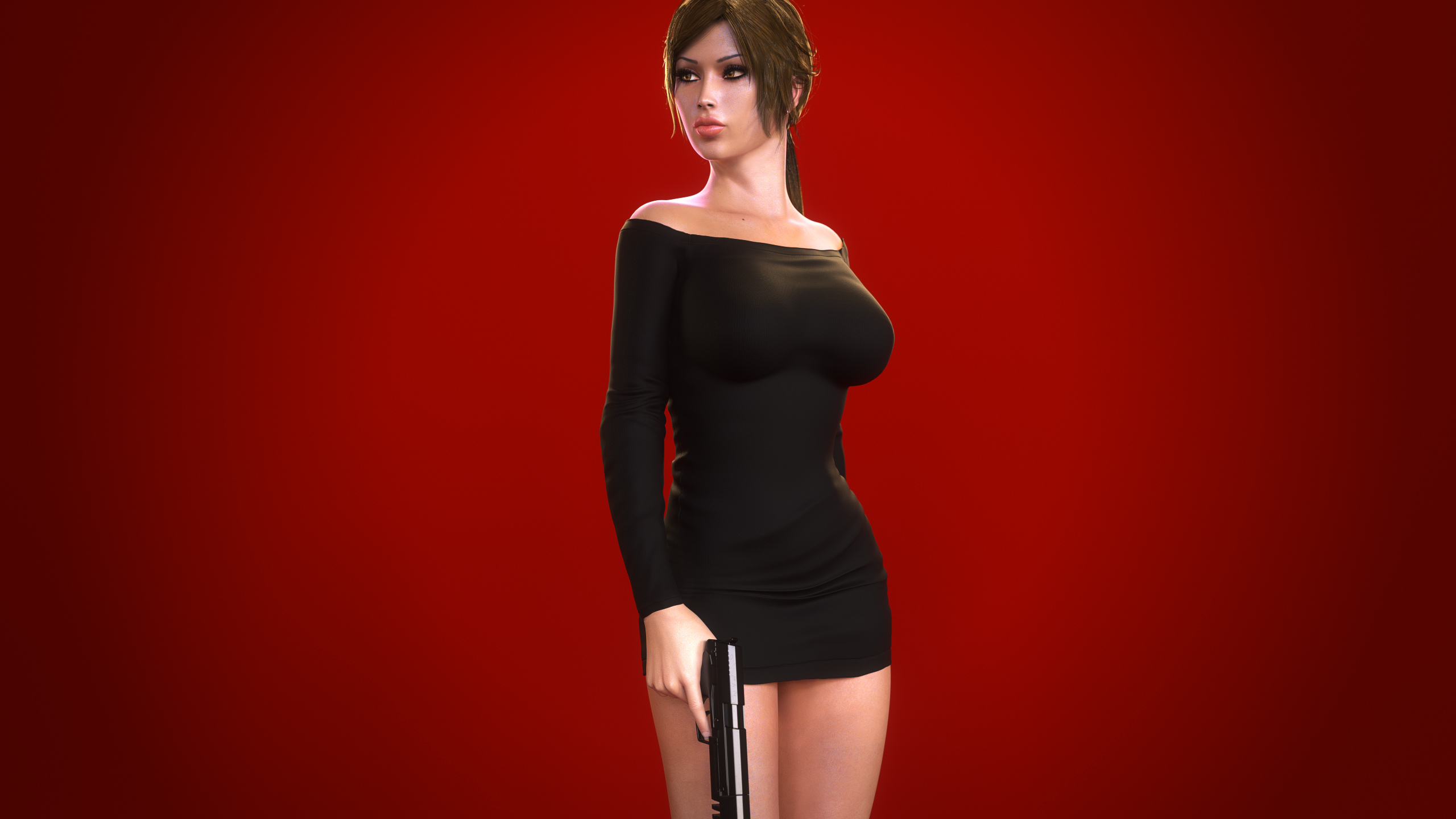 Lara Croft, Pistol, 3d, black dress