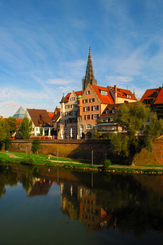 Германия, Ulm, река, набережная, дома, небо, вода, отражение