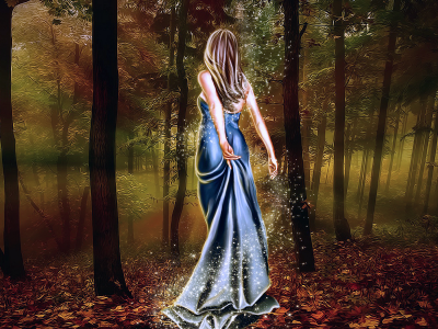 Осень, лес, листья, девушка, походка, рисунок.