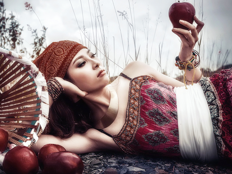 девушка, сарафан, яблоки