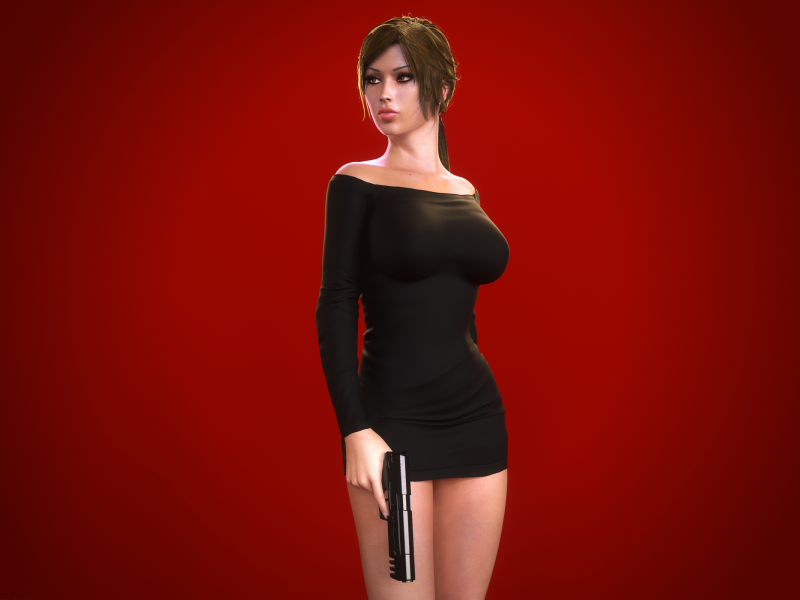 Lara Croft, Pistol, 3d, black dress