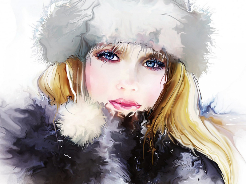 Девушка, лицо, взгляд, зима, меха, рисунок.