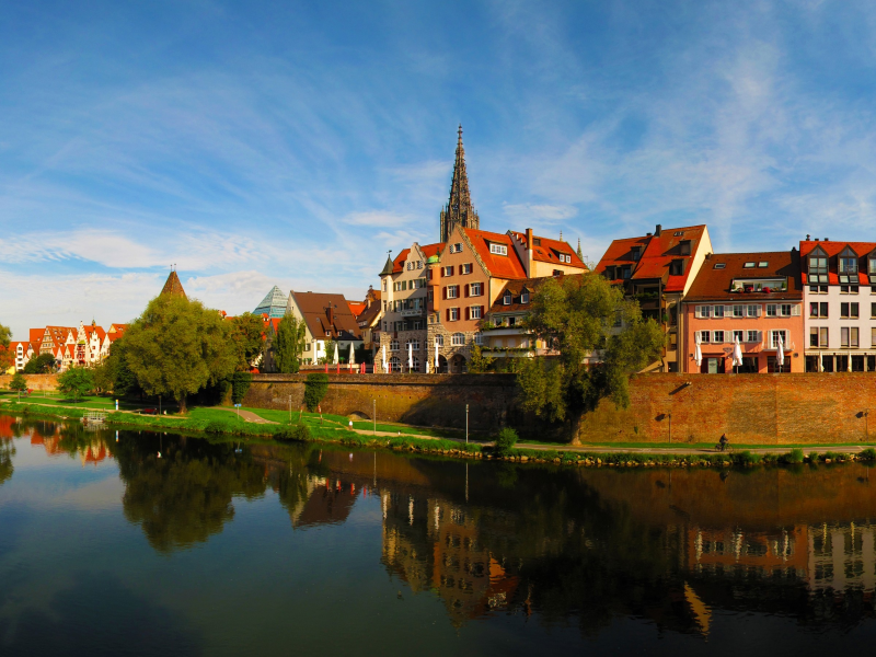 Германия, Ulm, река, набережная, дома, небо, вода, отражение
