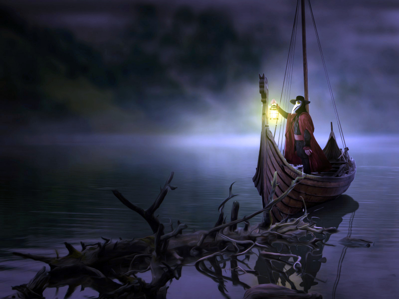 Ночь, река, лодка, страх, тамплиер, рисунок.