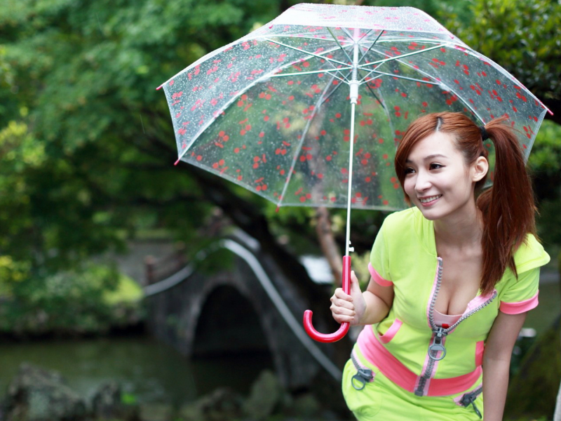 азиатка, улыбка, зонт