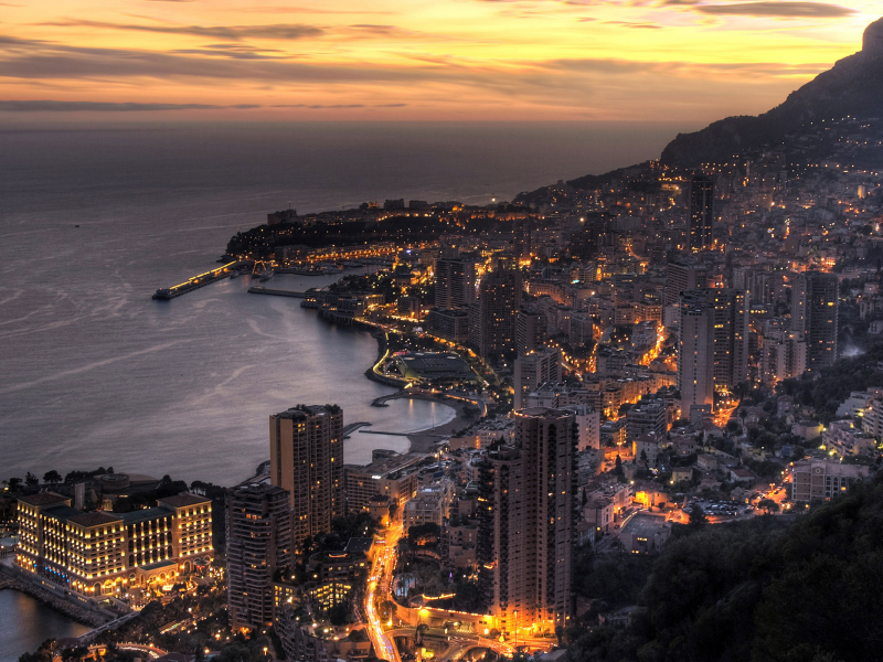 Монте Карло, Княжество Монако, город, Средиземное море, закат, Monte Carlo, Principaute de Monaco