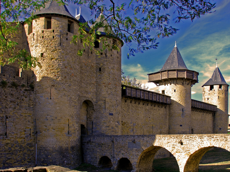 Каркасон, Лангедок-Руссильон, Франция, крепость, замок, небо, мост, Carcassonne, France, castle