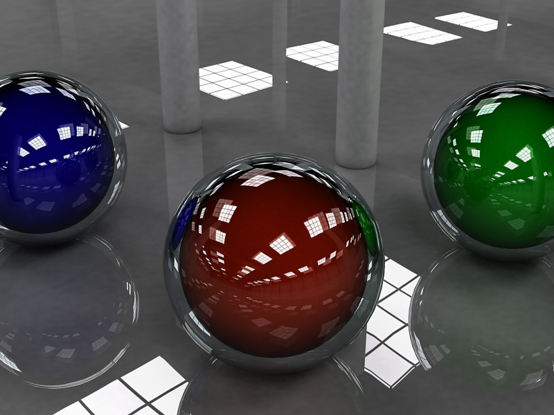 отражение, красный, зелёный, сферы, шары, фон, синий