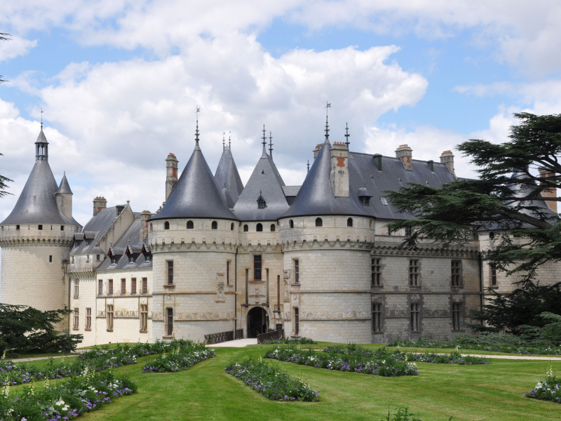 Замок Шомон, Франция, крепость, замок, небо, деревья, цветы, Chaumont, France, chateau