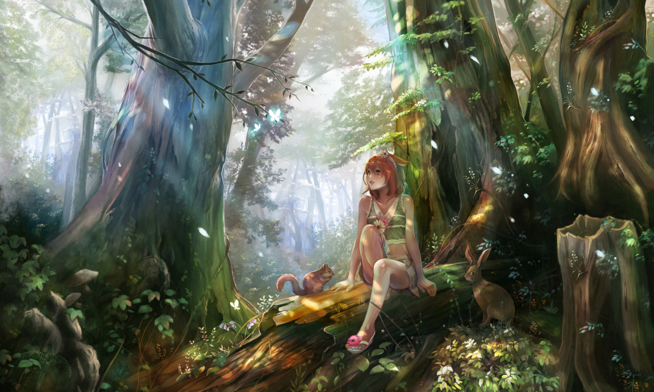 рисунок, лес, девушка, животные, романтика, белка, заяц, цветы, грибы