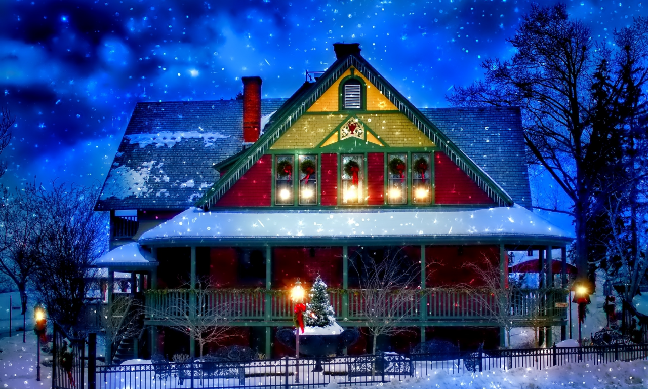 праздник, дом, новый год, украшения, зима, забор, снег