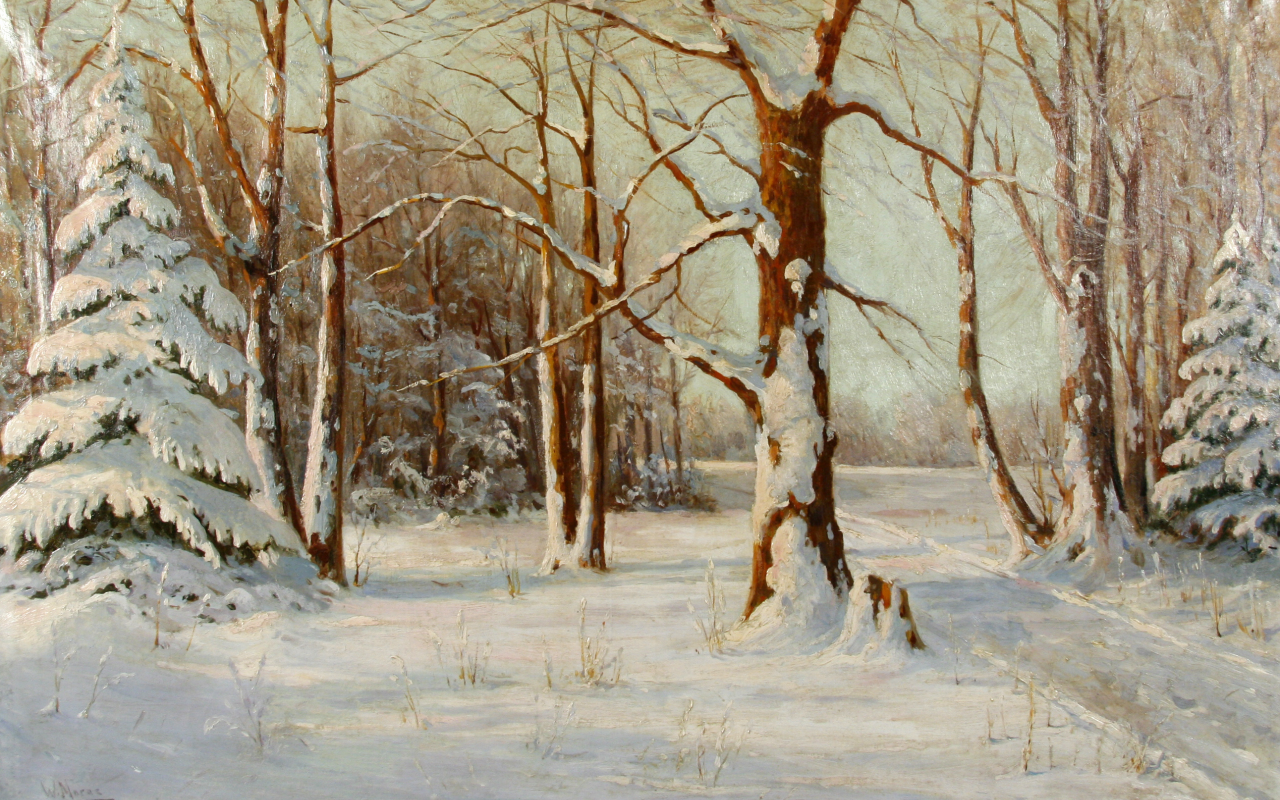 картина, снег, елки, лес, деревья, зима, пейзаж, walter moras