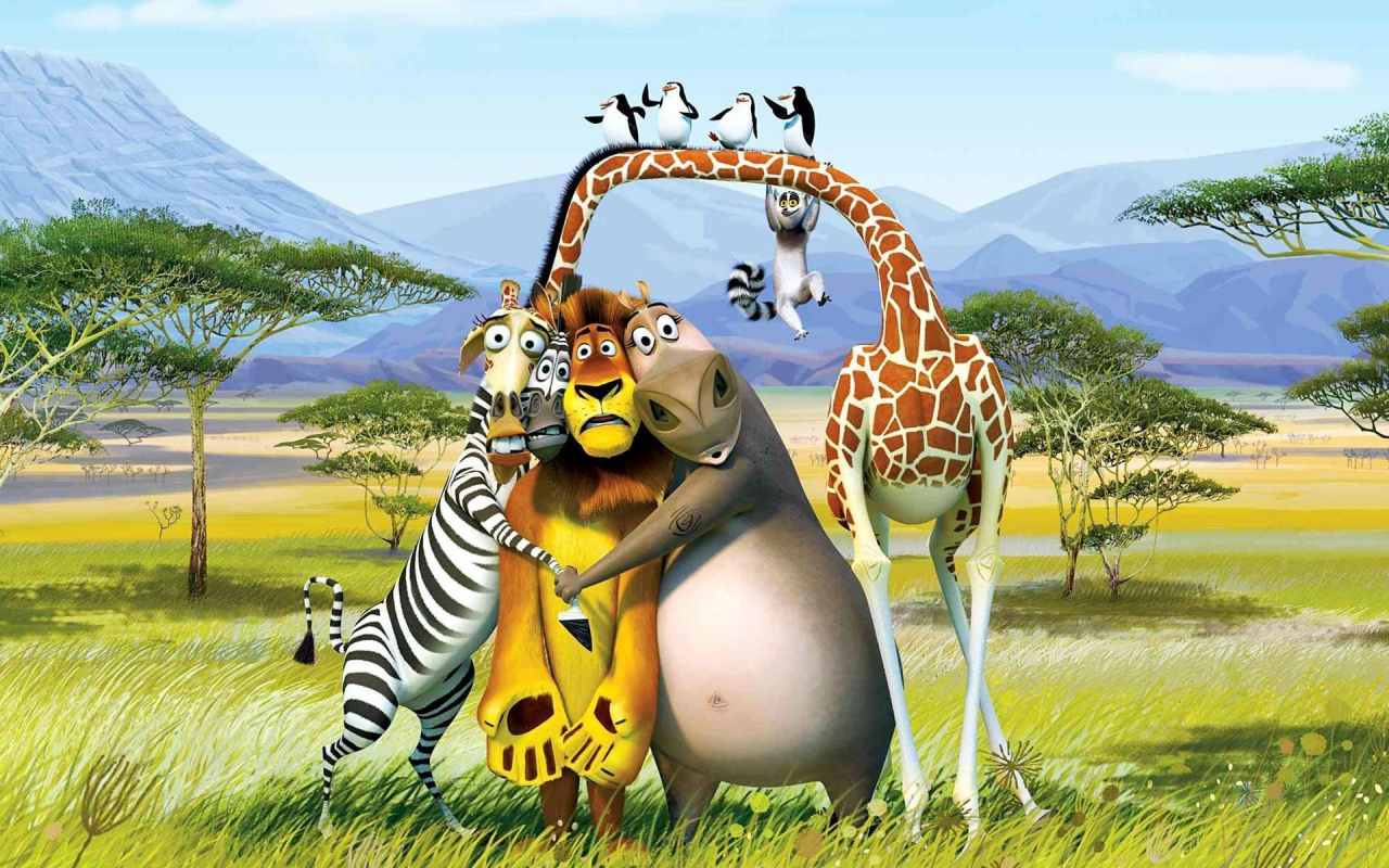 Мультфильм, Мадагаскар, зебра, бегемотиха, жираф.