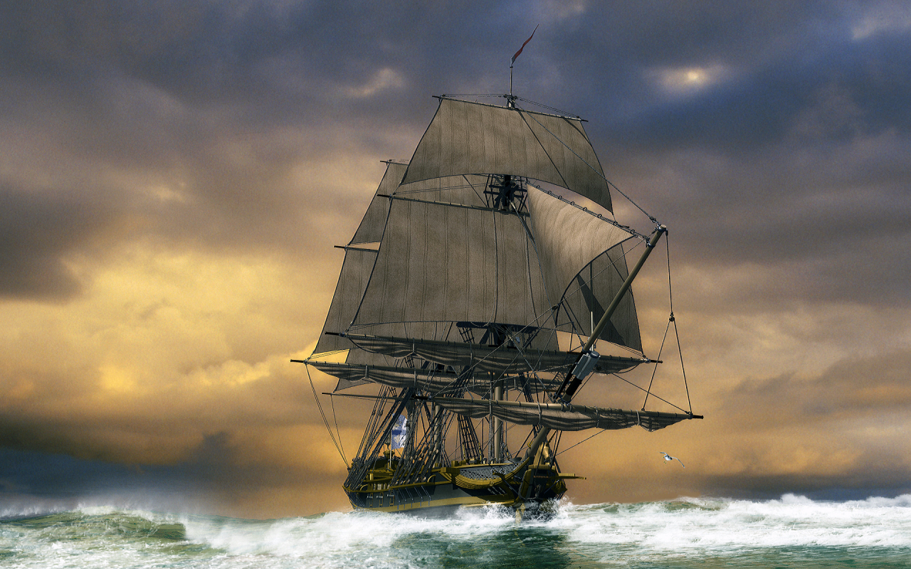 Море, шторм, парусник, корабль, картина, рисунок.