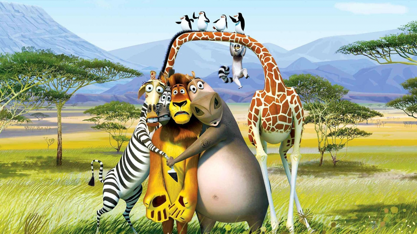 Мультфильм, Мадагаскар, зебра, бегемотиха, жираф.