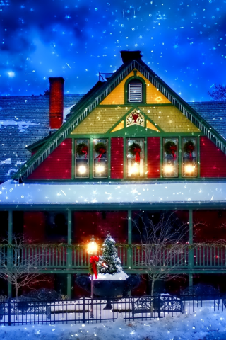 праздник, дом, новый год, украшения, зима, забор, снег